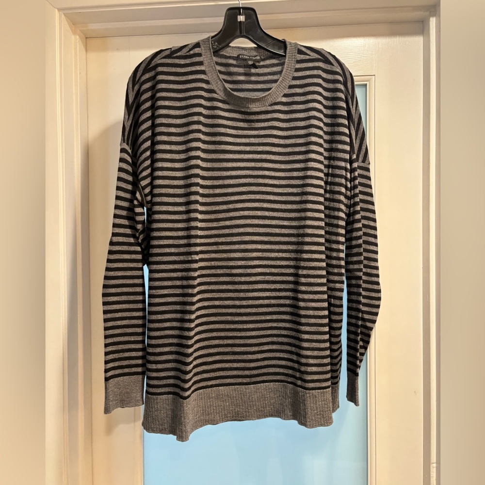 Eileen Fisher Women’s Merino Wool Black and Gray Striped Crewneck Sweater